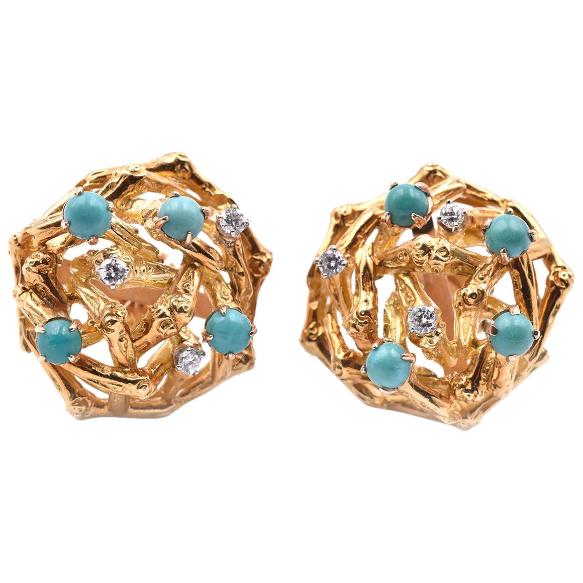 18 Karat Yellow Gold Vintage 1960s Diamond and Turquoise Earrings