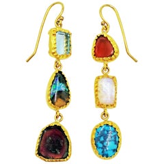 Multi-Gemstone 22 Karat Gold Asymmetrical Dangle Earrings