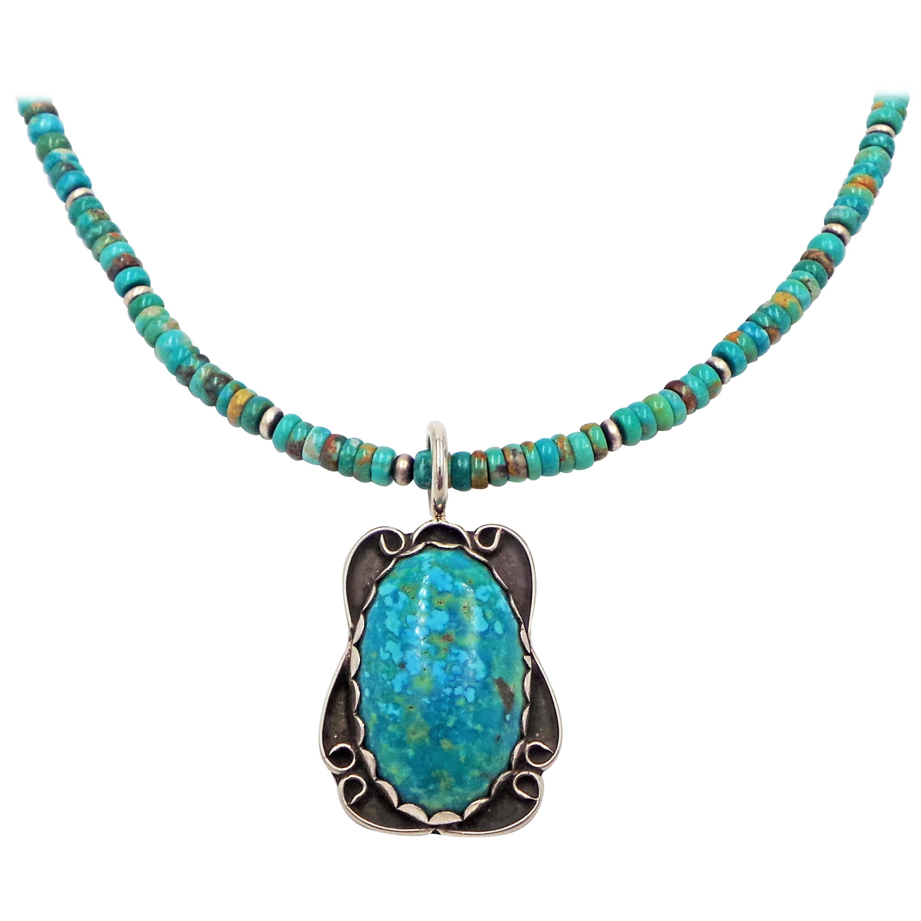 Vintage Turquoise Pendant on Beaded Turquoise and Navajo Pearl Necklace For Sale