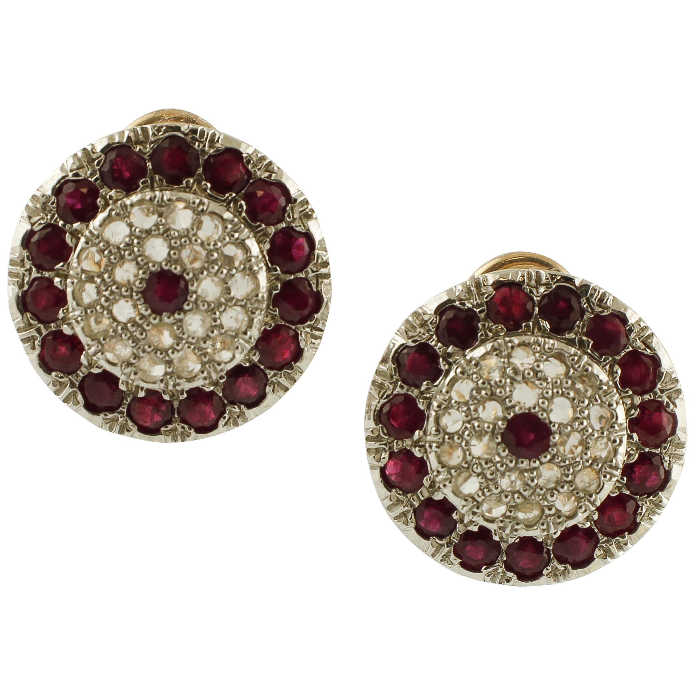 Diamonds, Rubies, 9 Karat Rose Gold and Silver Stud Earrings