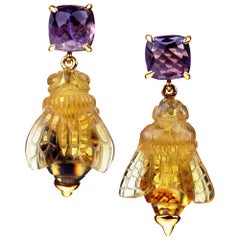 18ct Yellow Gold, Amethyst and Hand Carved Amber Bee Earrings