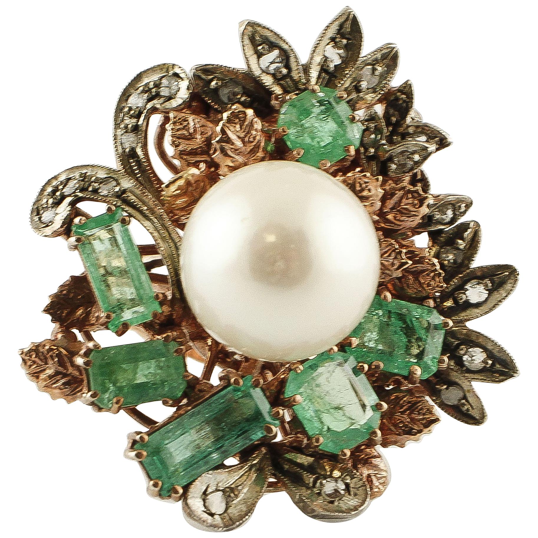 South Sea Pearl, Diamonds, Emeralds, 9 Karat Rose Gold and Silver Ring