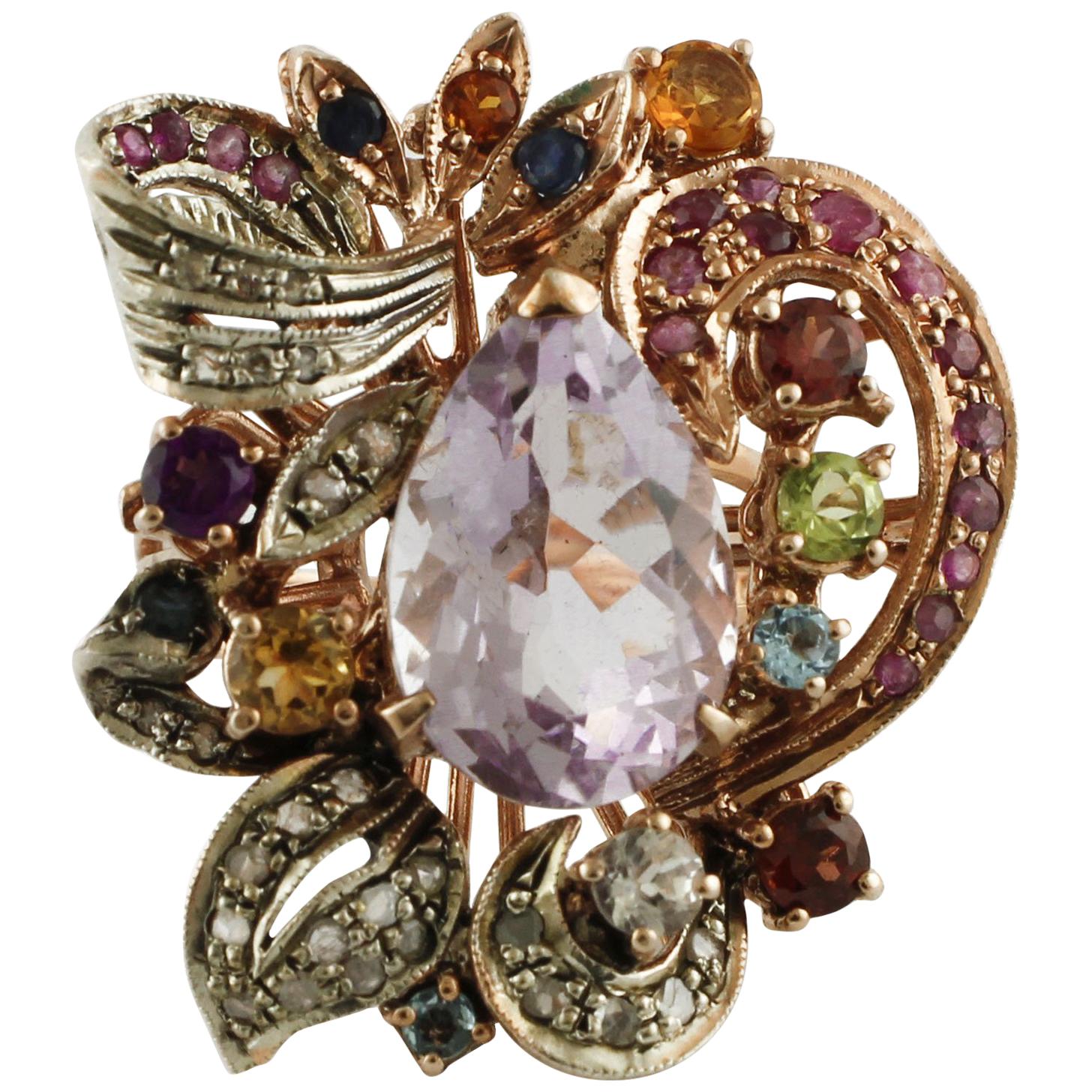 Amethyst Diamond Ruby Sapphire Garnet, Peridot, Topaz, Rose Gold and Silver Ring