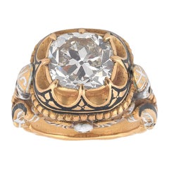 Antique Neo Renaissance Enamel and Old Cut Diamond 5 Carat Ring