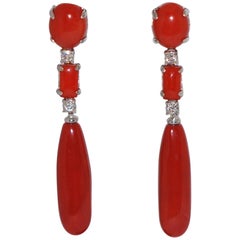Coral and White Diamonds 0.28 Carat on White Gold 18 Karat Chandelier Earrings