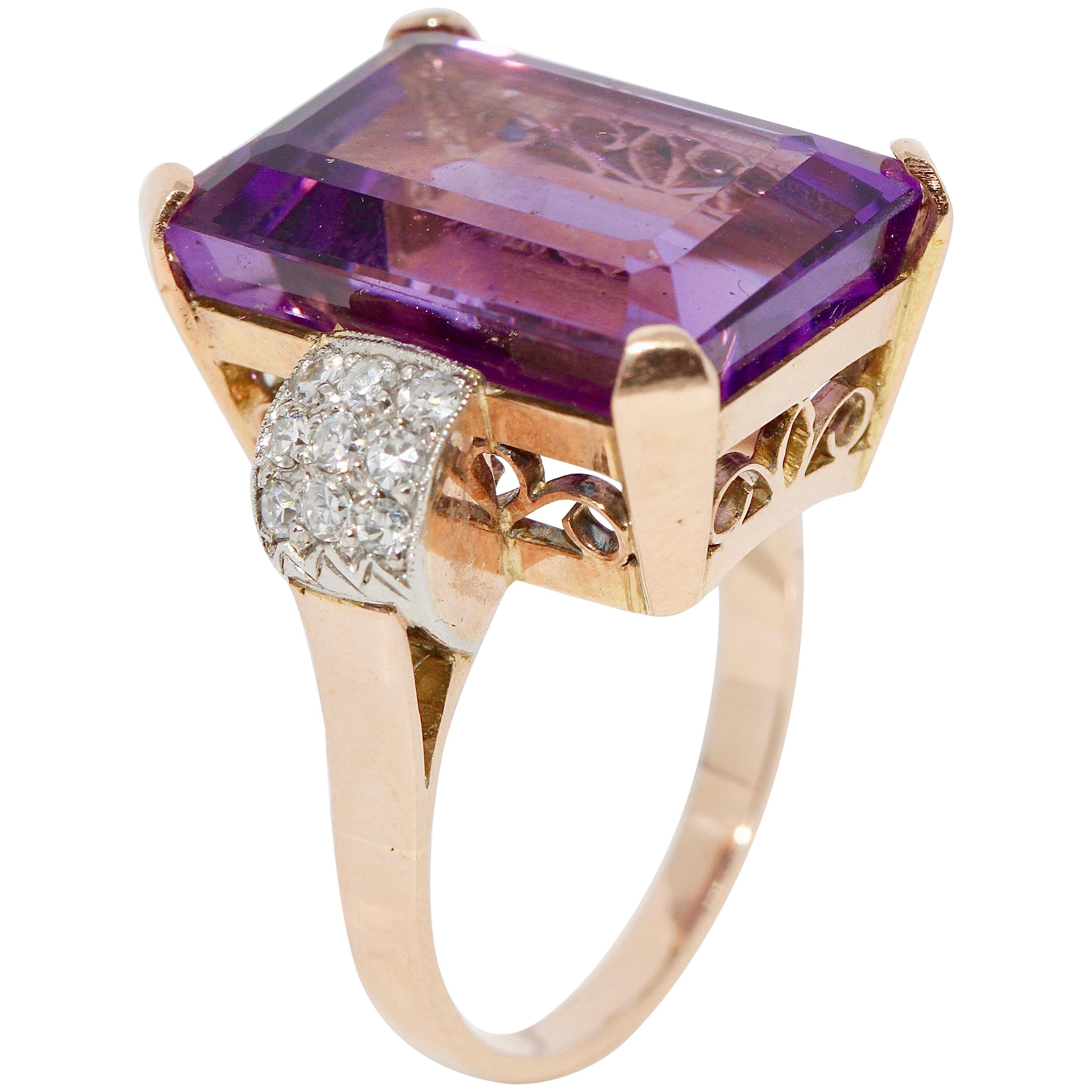 Beautiful, Antique Amethyst Ring, Rose Gold with Diamonds For Sale