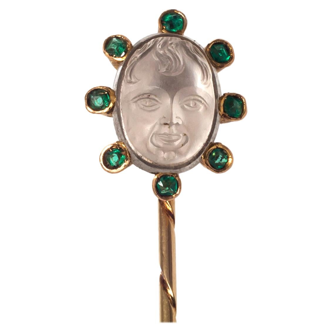 Antique Moonstone Cameo Child Head Emerald Gold Tie Stick Pin