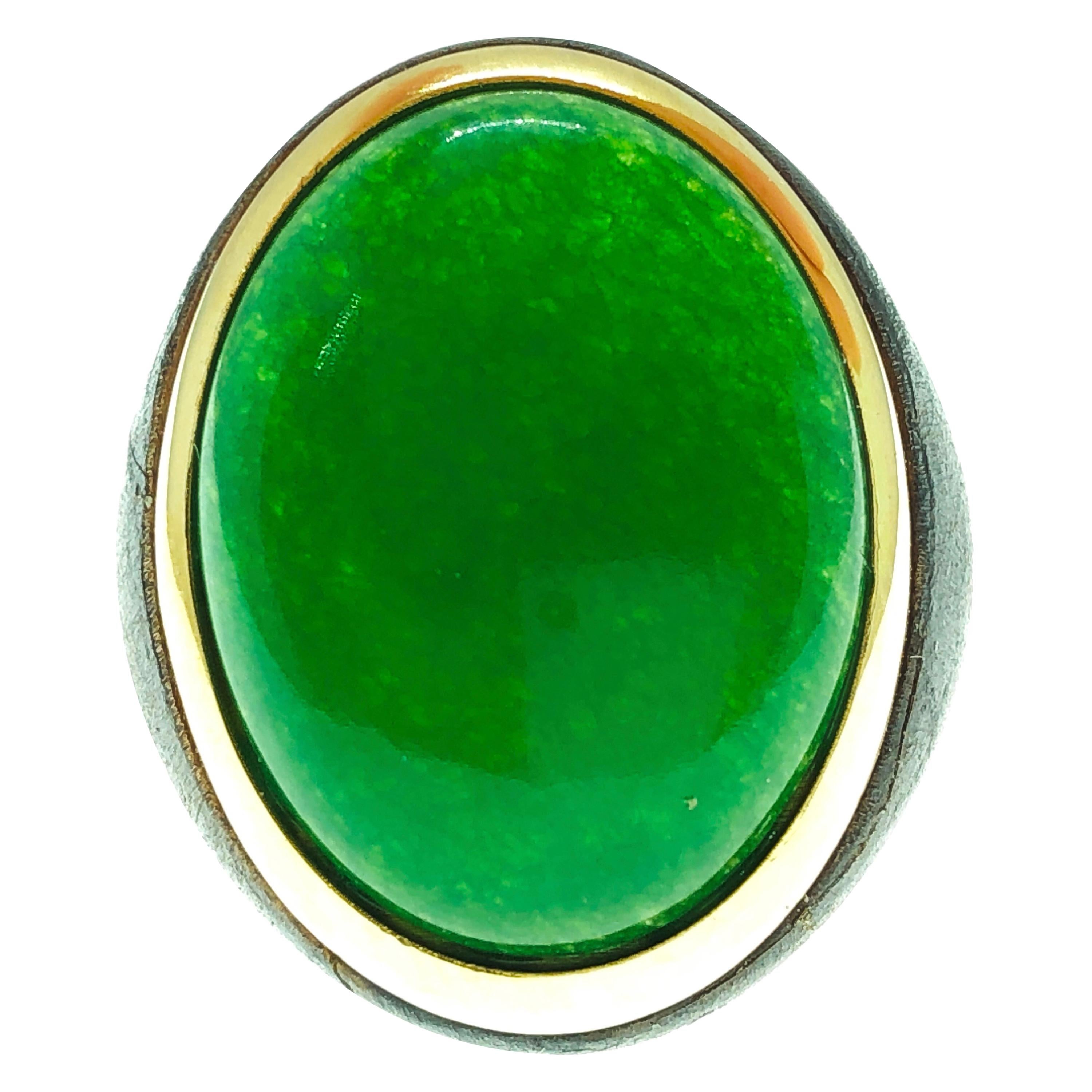 One-of-a-Kind 27 Carat Natural Green Jade Oxidized Brass Gold Cocktail Ring