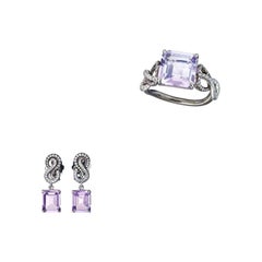 Pink Amethyst White Diamonds Platin Earrings and Ring Suite