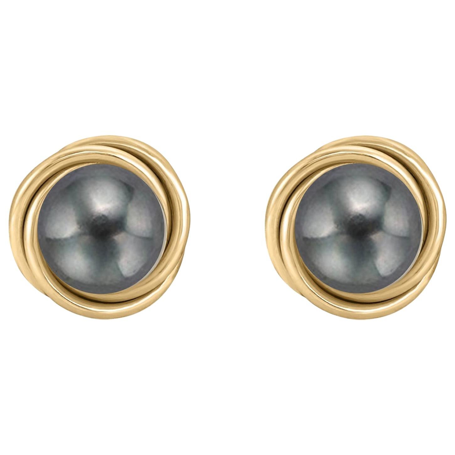 14 Karat Gold Love Knot Style Black Cultured Freshwater Pearl Stud Earrings For Sale