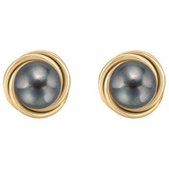 14 Karat Gold Love Knot Style Black Cultured Freshwater Pearl Stud Earrings