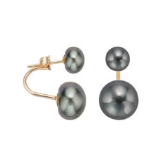 AAA Quality Black Button Freshwater Pearl Curved Tribal Earrings, 14 Karat Gold