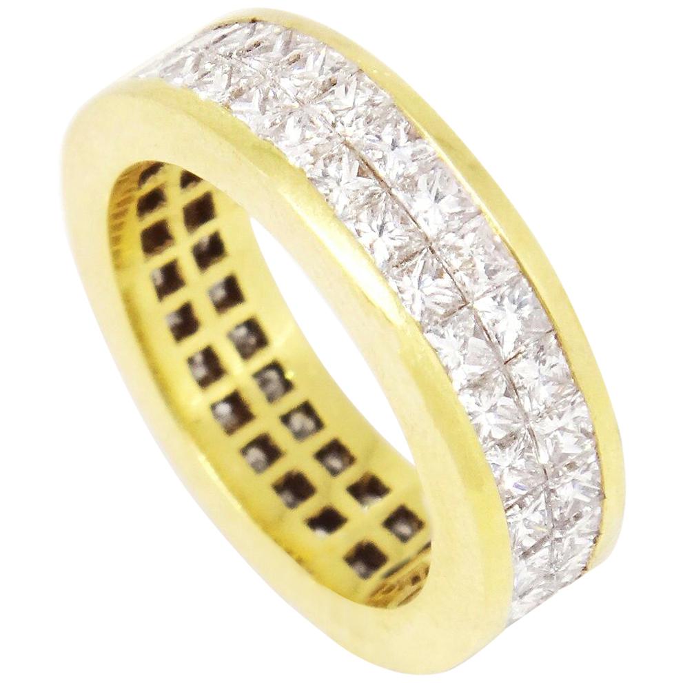 18 Karat Yellow Gold 5.10 Carat Princess Cut Diamond Eternity Band For Sale