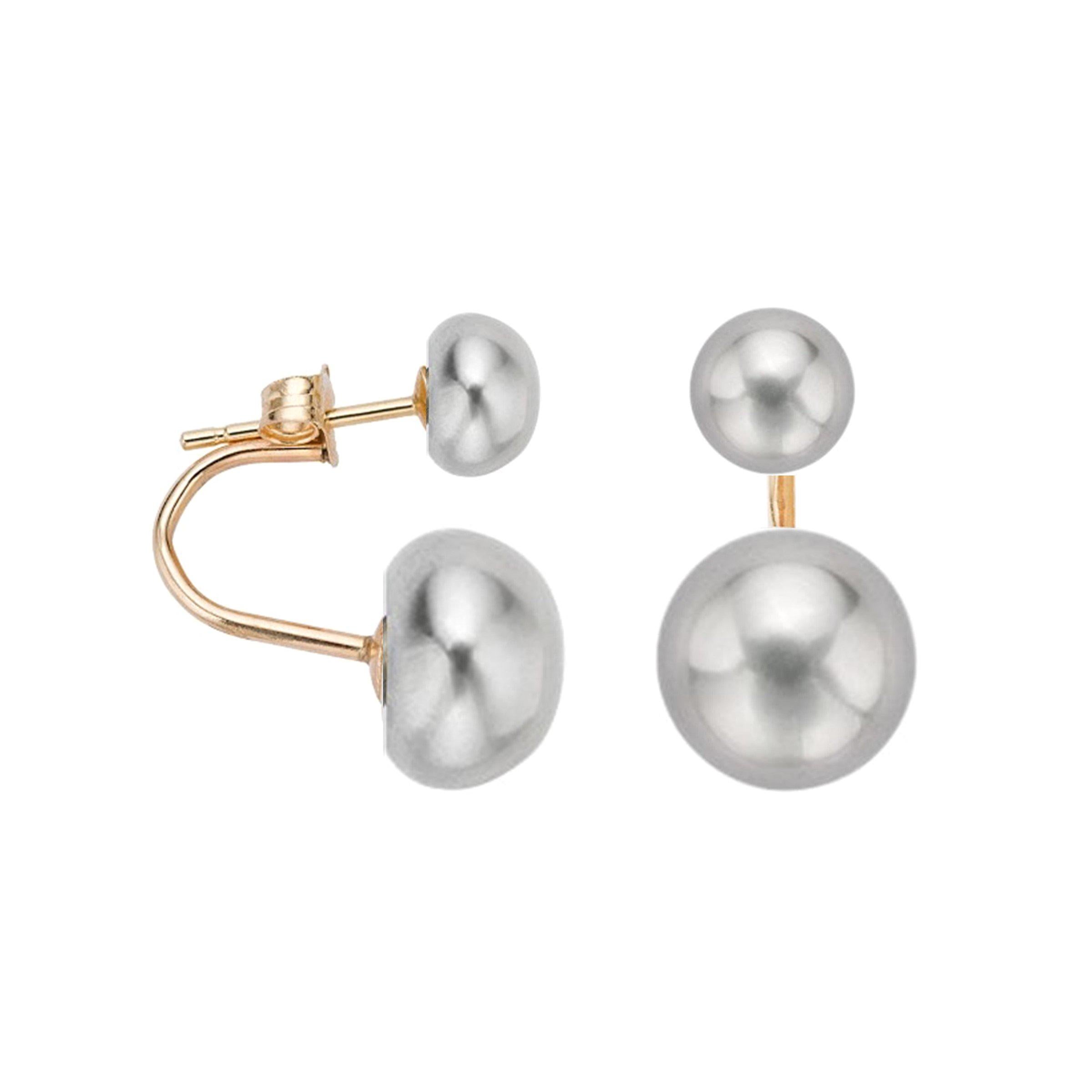 AAA Quality Grey Button Freshwater Pearl Curved Tribal Earrings on 14 Karat Gol For Sale