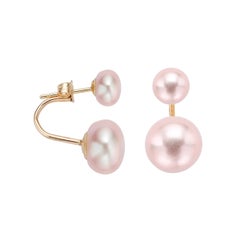 AAA Quality Pink Button Freshwater Pearl Curved Tribal Earrings on 14 Karat Gold