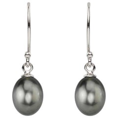 14 Karat White Gold Drop Black Tahitian Cultured Pearls Hook Earrings