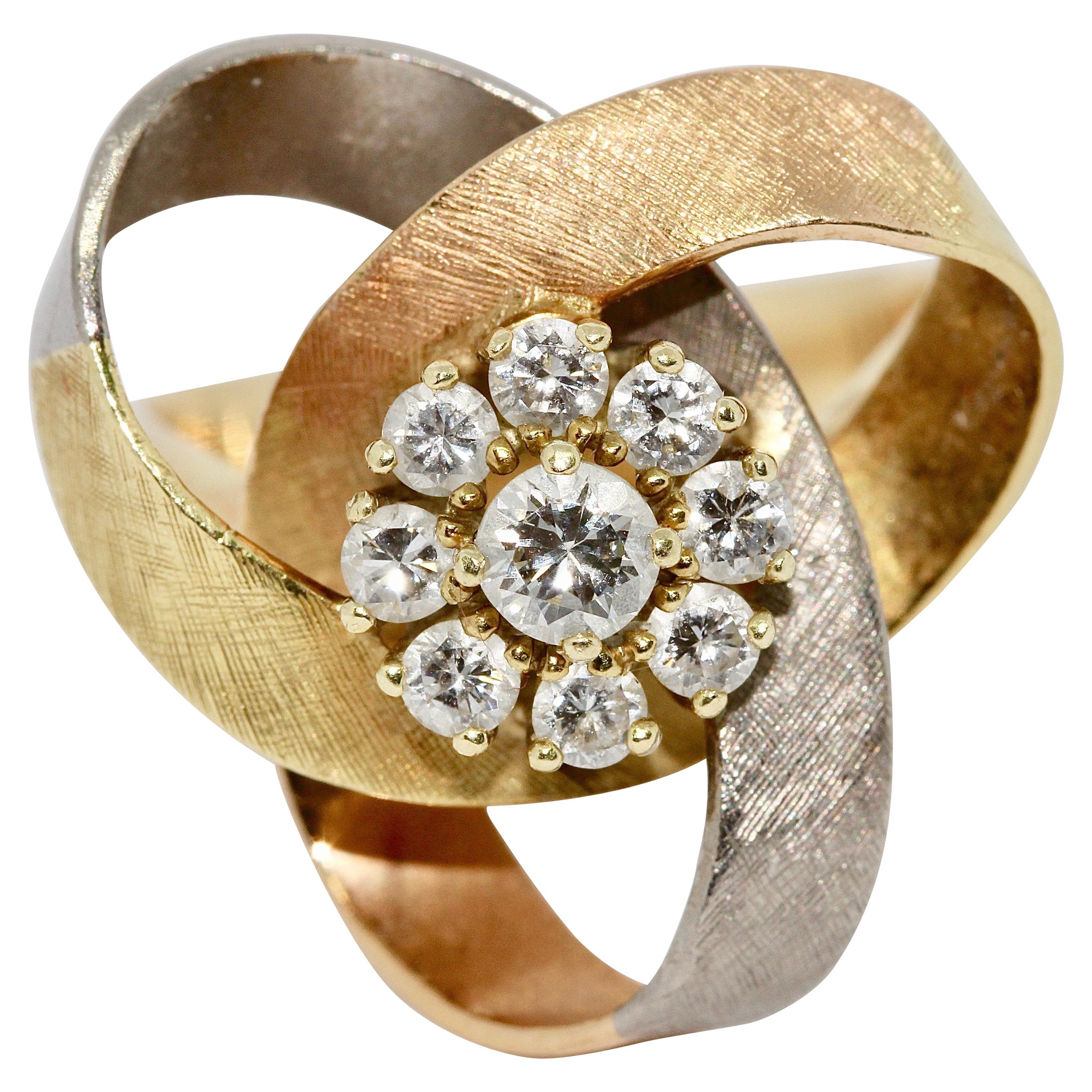 Ladies Tricolor Diamond Ring, 14 Karat Gold For Sale