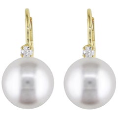 14K Gold Cultured Freshwater Pearl Lever Back Cubic Zirconia Accent Earrings