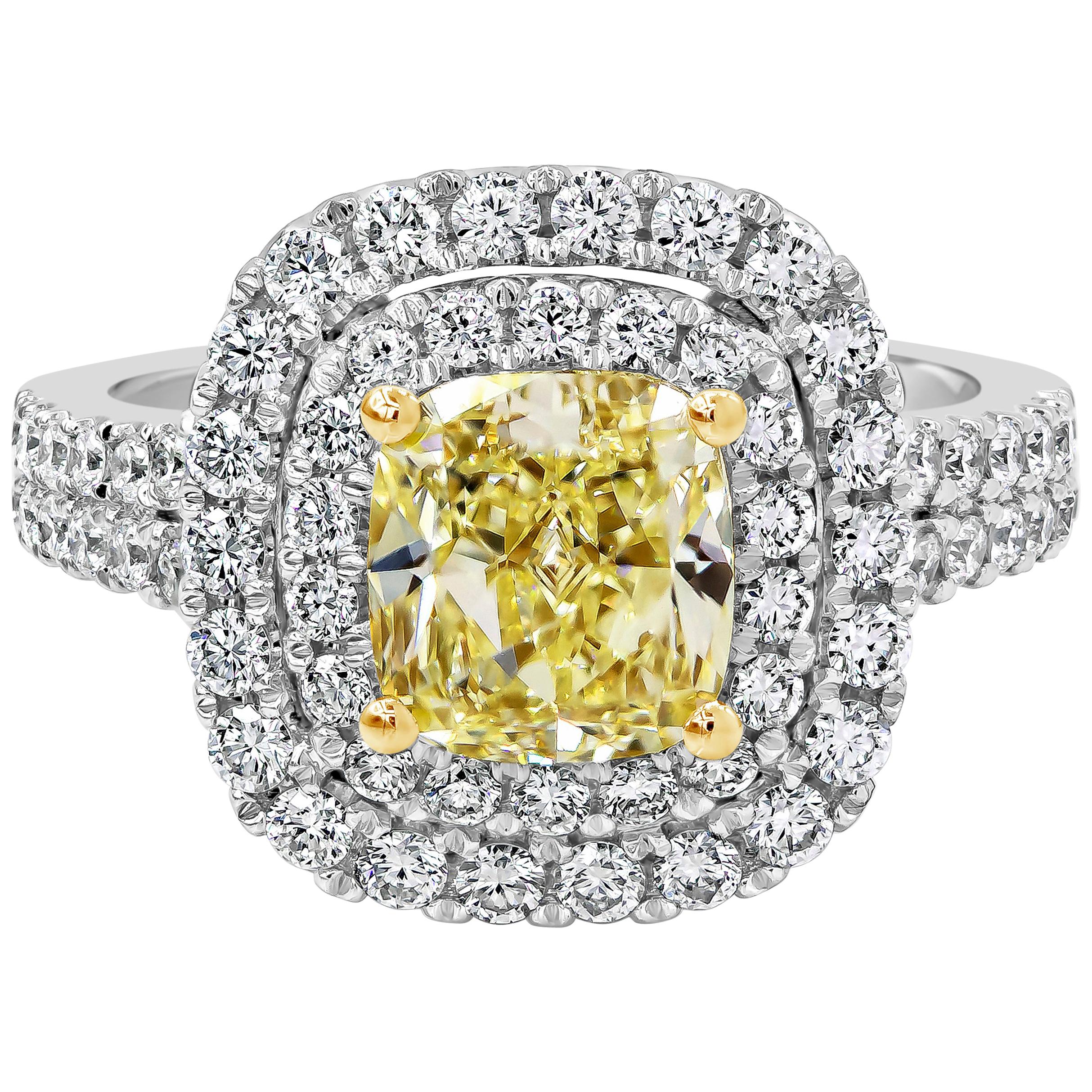 Roman Malakov, Light Yellow Cushion Diamond Double Halo Engagement Ring For Sale