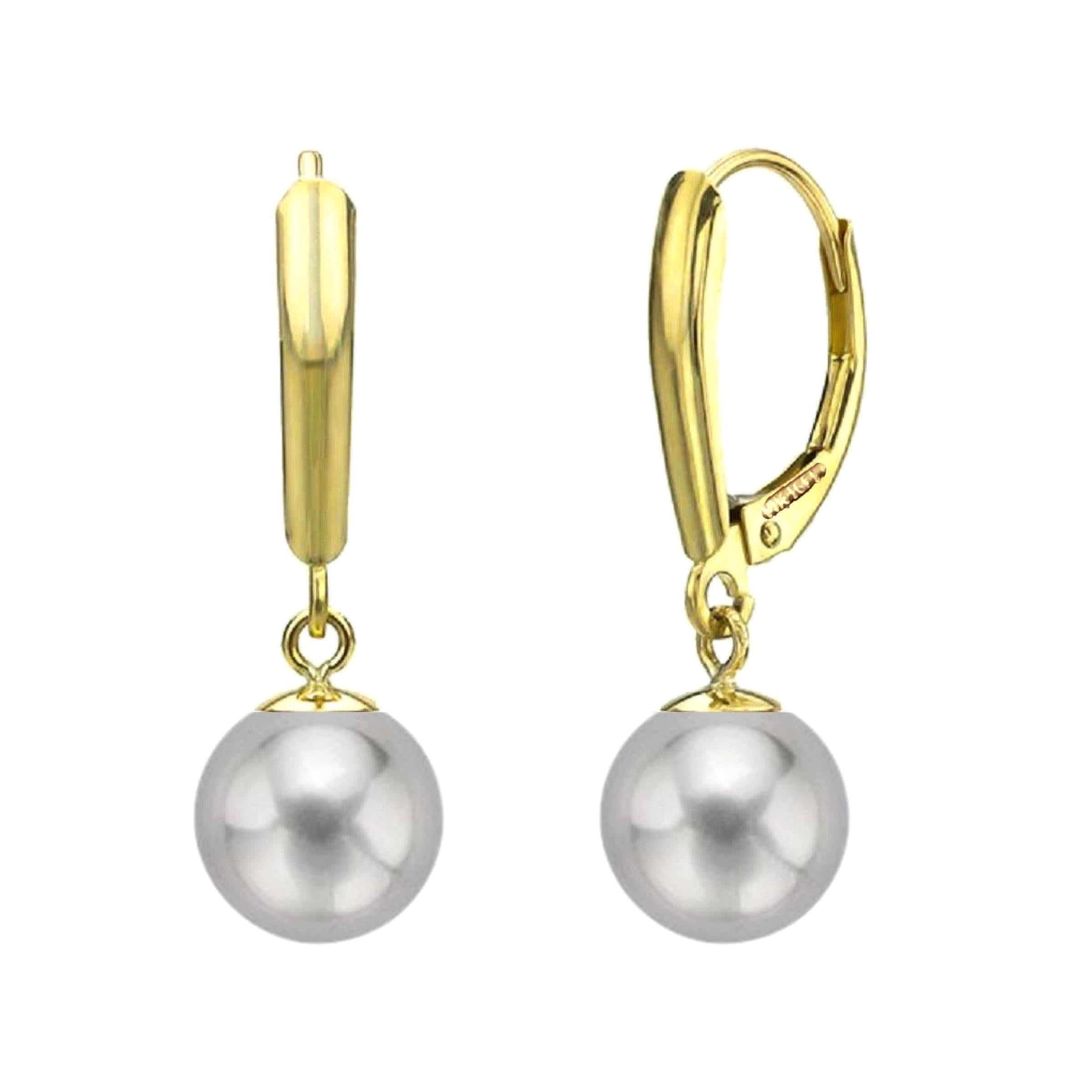 14 Karat Gold AAA Grey Cultured Freshwater Pearl High Luster Leverback Earring For Sale