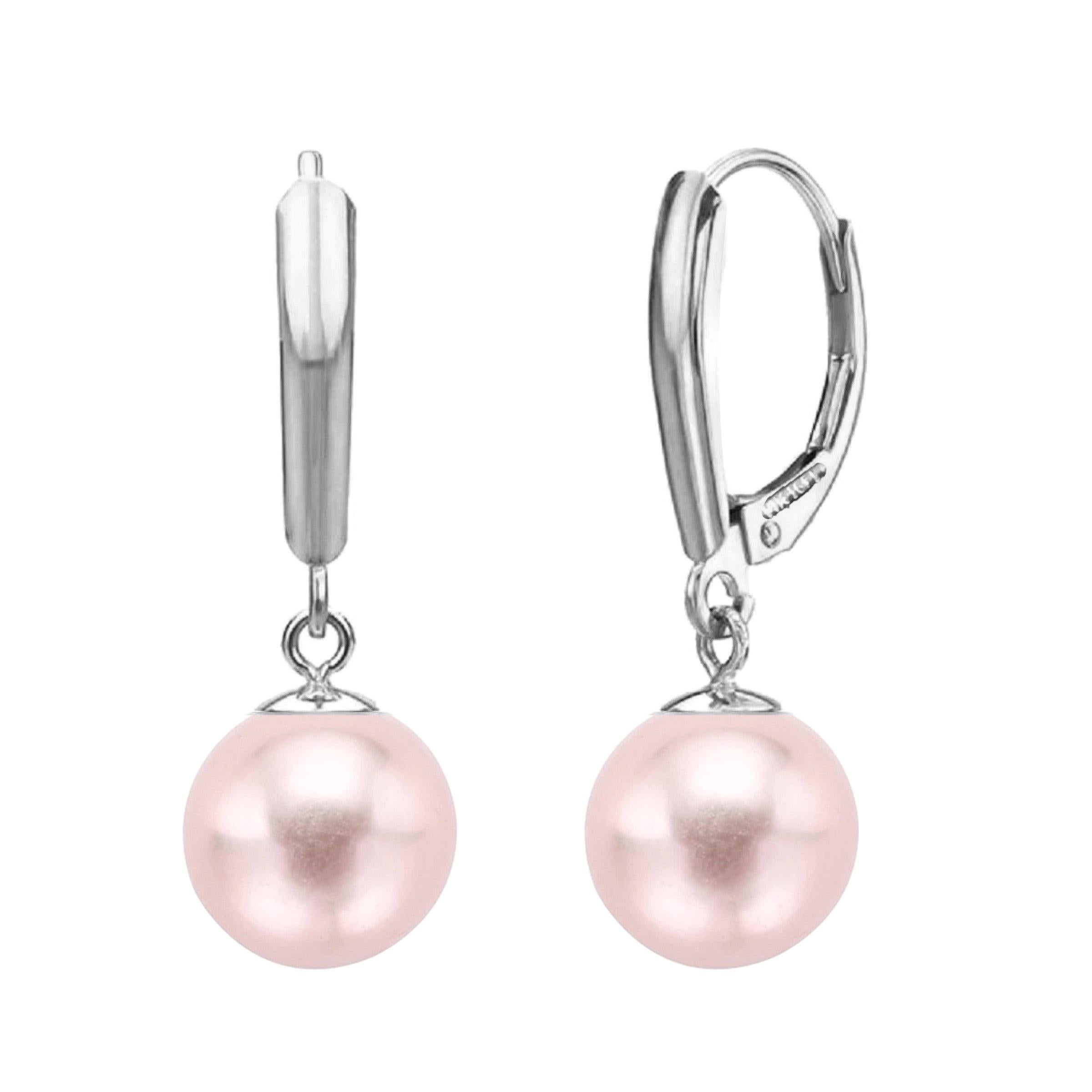 14k White Gold AAA Pink Cultured Freshwater Pearl High Luster Leverback Earring For Sale