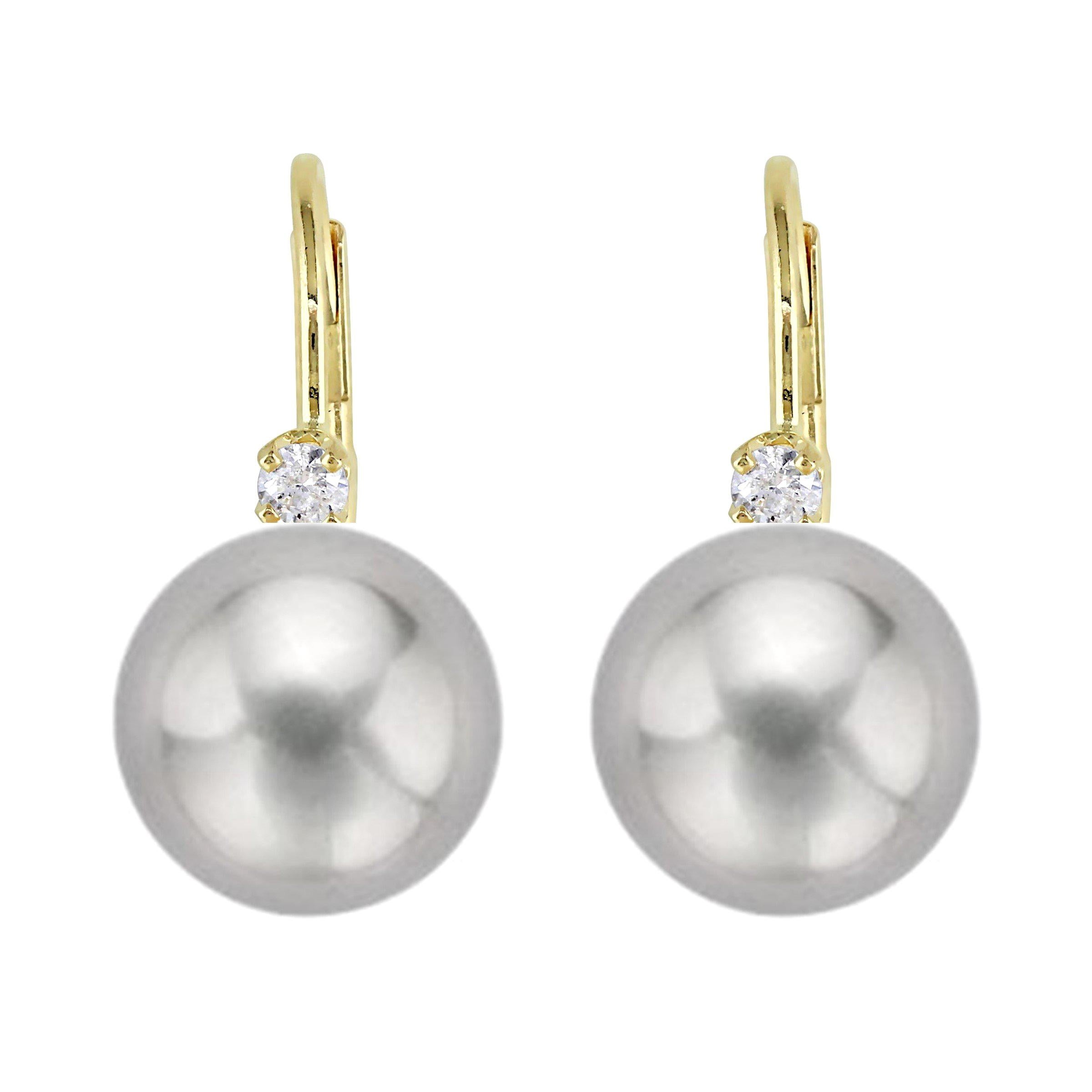 14 Karat Gold Grey Freshwater Pearl Lever Back Cubic Zirconia Accent Earrings For Sale