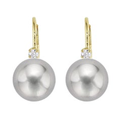14 Karat Gold Grey Freshwater Pearl Lever Back Cubic Zirconia Accent Earrings