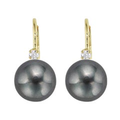 14 Karat Gold Black Freshwater Pearl Lever Back Cubic Zirconia Accent Earrings