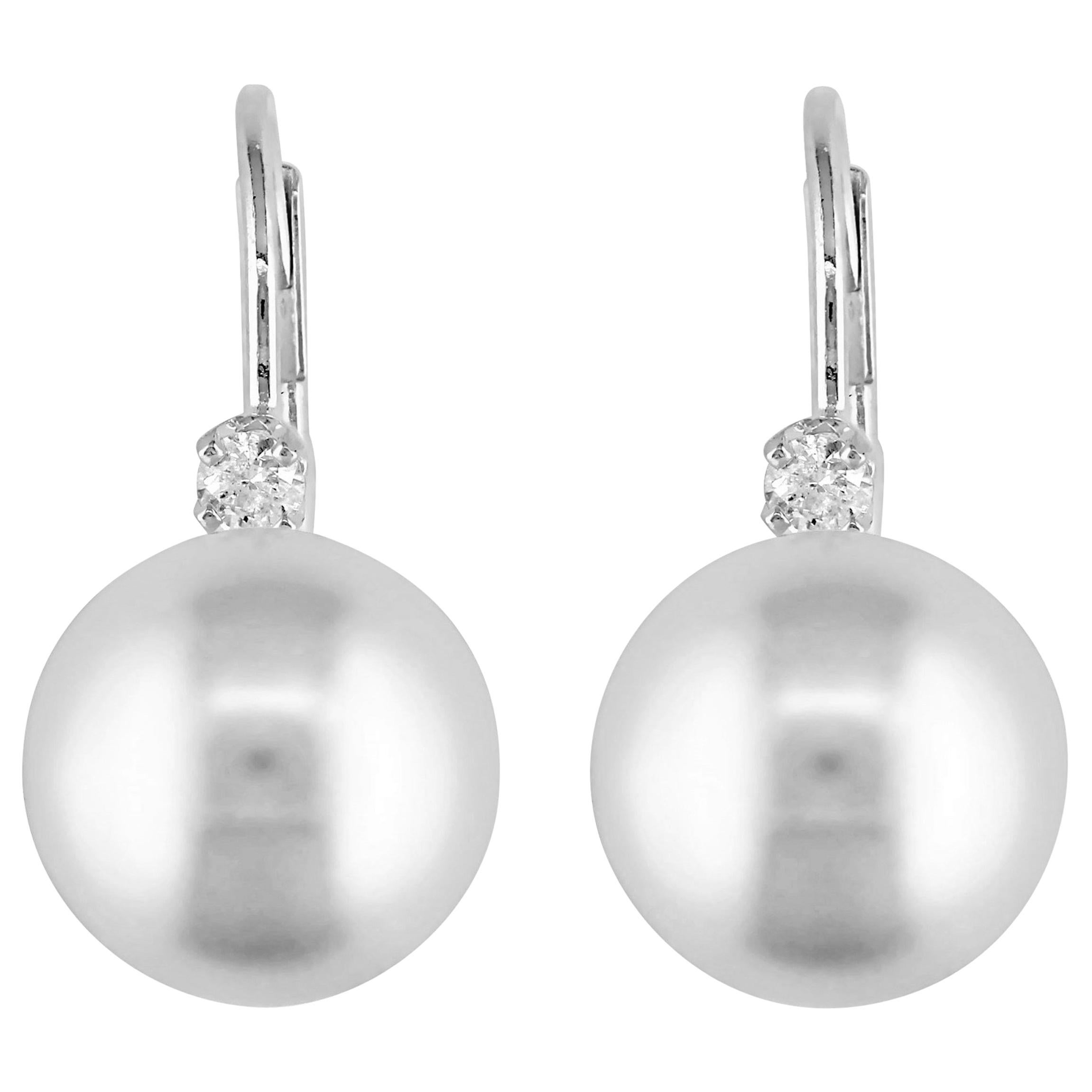 14 Karat Gold White Freshwater Pearl Lever Back Cubic Zirconia Accent Earrings For Sale