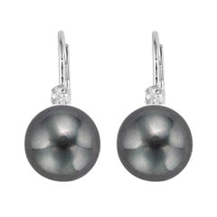 14 Karat Gold Black Freshwater Pearl Lever Back Cubic Zirconia Accent Earrings