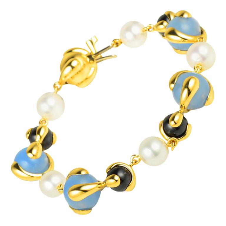 Marina B Blue Chalcedony, Black Jade, Diamond and Pearl Cardan Bracelet For Sale