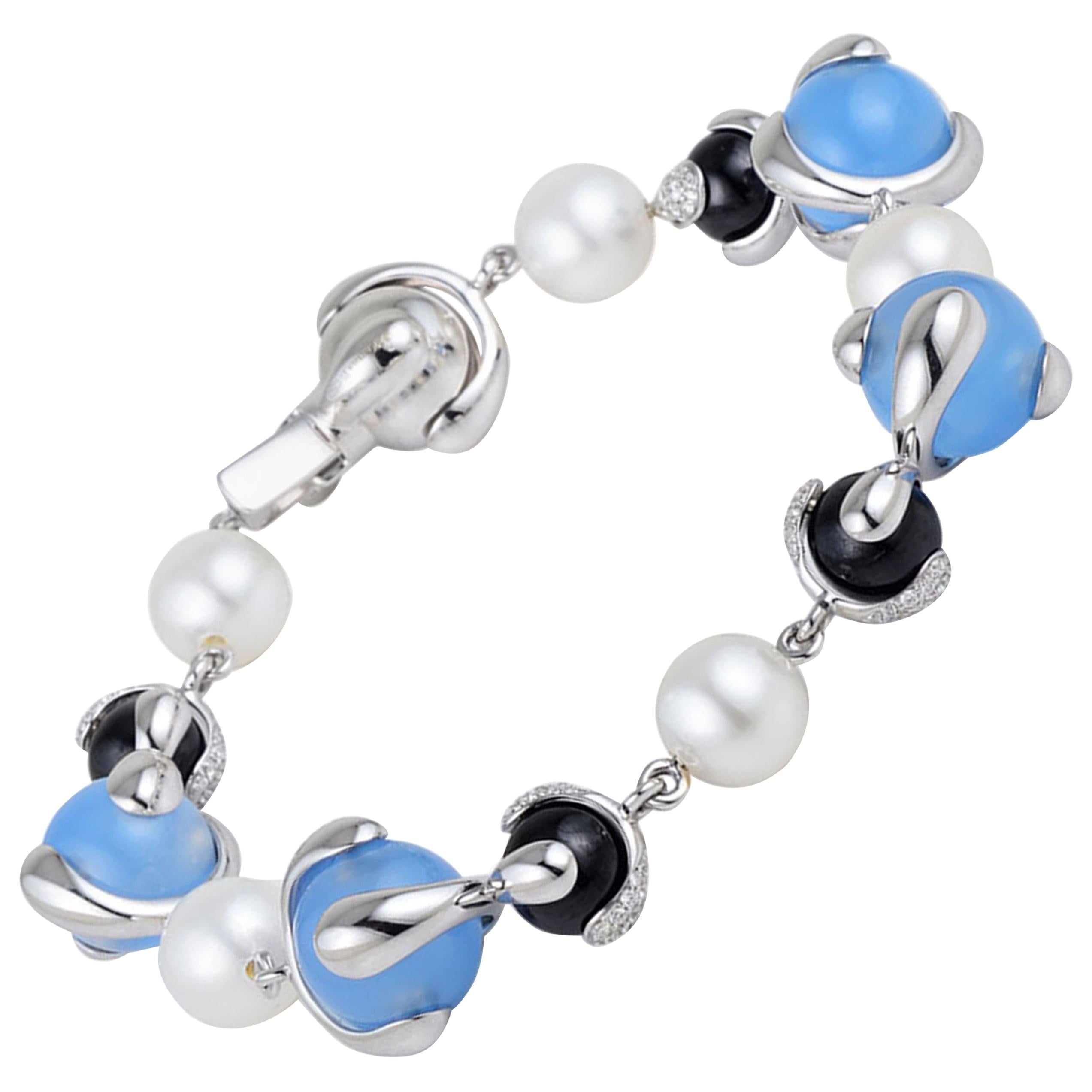 Marina B Blue Chalcedony, Black Spinel, Pearl and Diamond Cardan Bracelet For Sale
