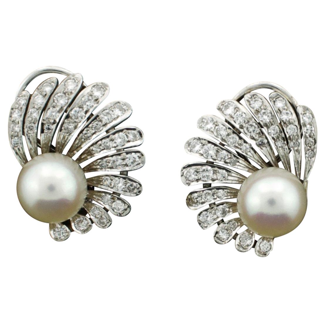 Tiffany & Co. Pearl and Diamond Earrings circa 1950s 1.00 Carat