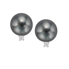 14K White Gold Black Freshwater Pearl and 1/10 Carat TDW Diamond Stud Earrings