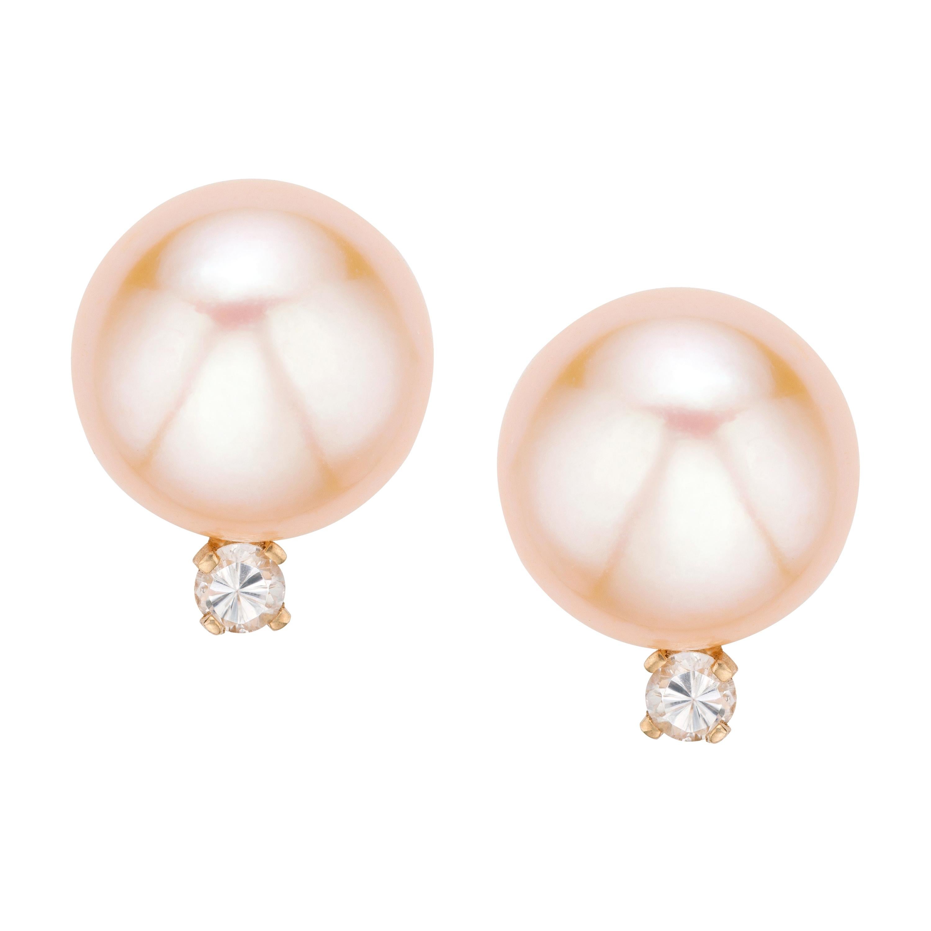 14K Yellow Gold Pink Freshwater Pearl and 1/10 Carat TDW Diamond Stud Earrings For Sale