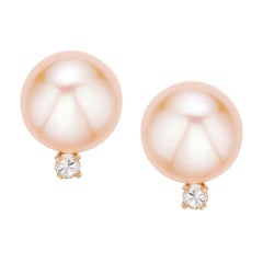 14K Yellow Gold Pink Freshwater Pearl and 1/10 Carat TDW Diamond Stud Earrings