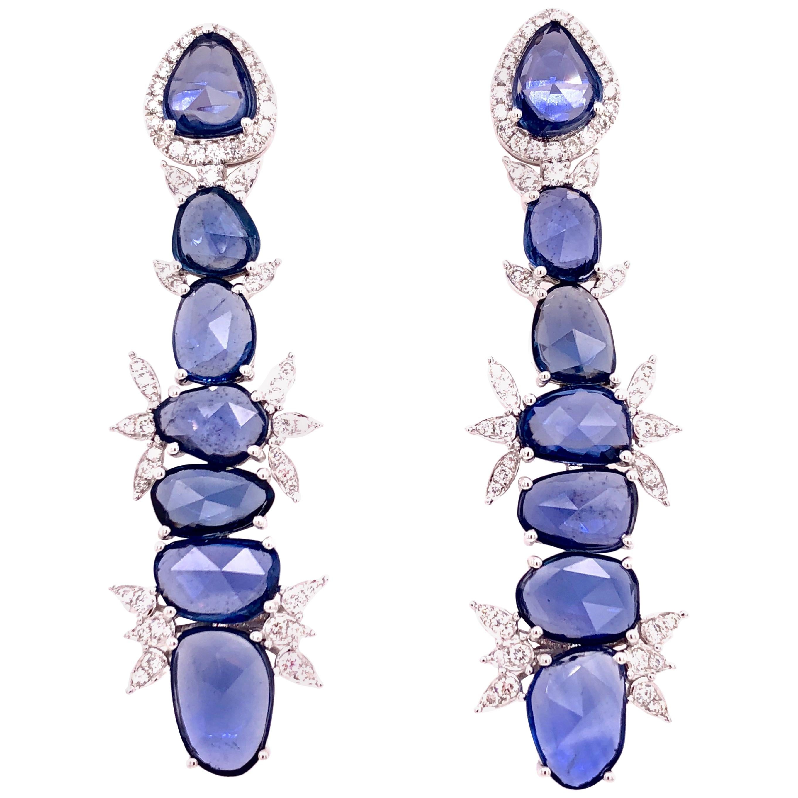 RUCHI Blue Sapphire Slice with Diamond White Gold Drop Earrings