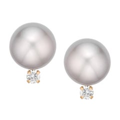 14 Karat Gold Grey Freshwater Pearl and 1/10 Carat TDW Diamond Stud Earrings