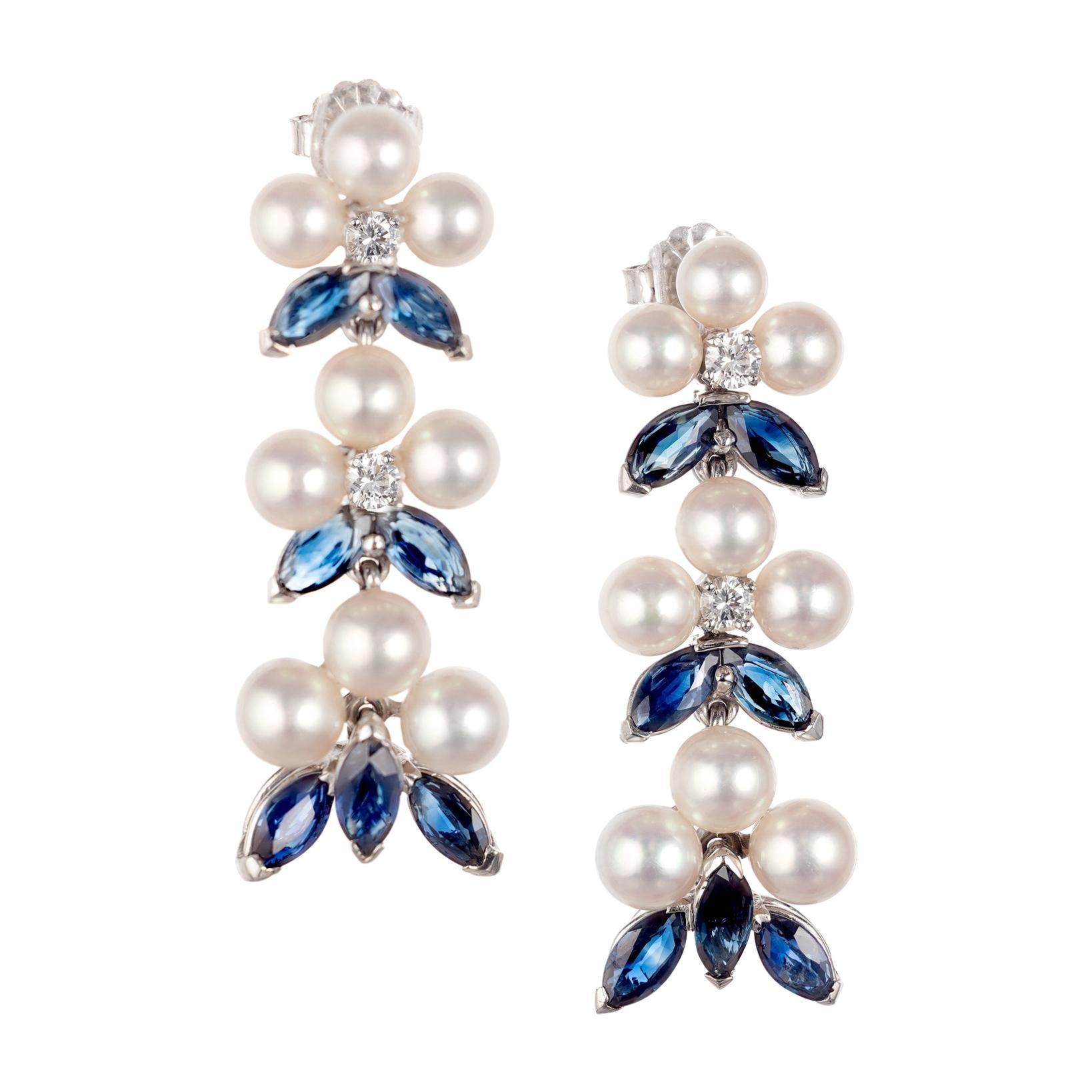 3.90 Carat Sapphire Diamond Pearl White Gold Dangle Drop Earrings