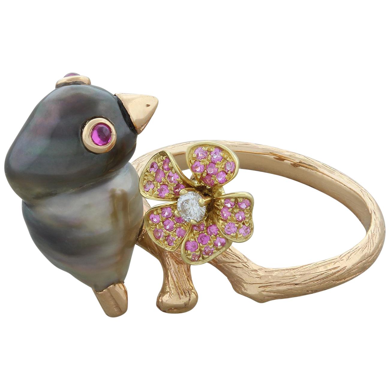 Tahitian Pearl Pink Sapphire Ruby Diamond Gold Bird Ring