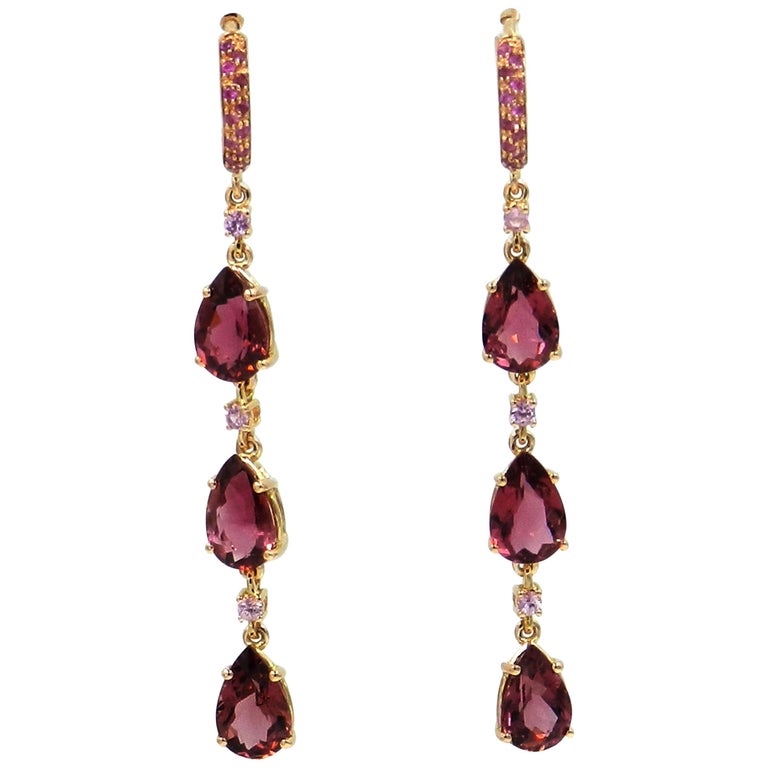 18 Karat Rose Gold Pink Tourmalines and Pink Sapphires Garavelli Long Earrings For Sale