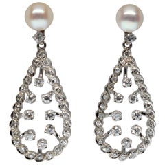 Vintage White Gold Diamond Pearl Tear Drop Earrings