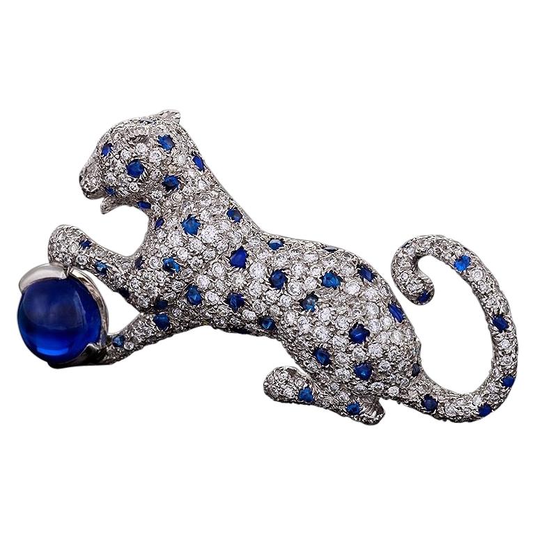 Cartier Paris 1980s Diamond, Sapphire and Platinum 'Panthère' Brooch