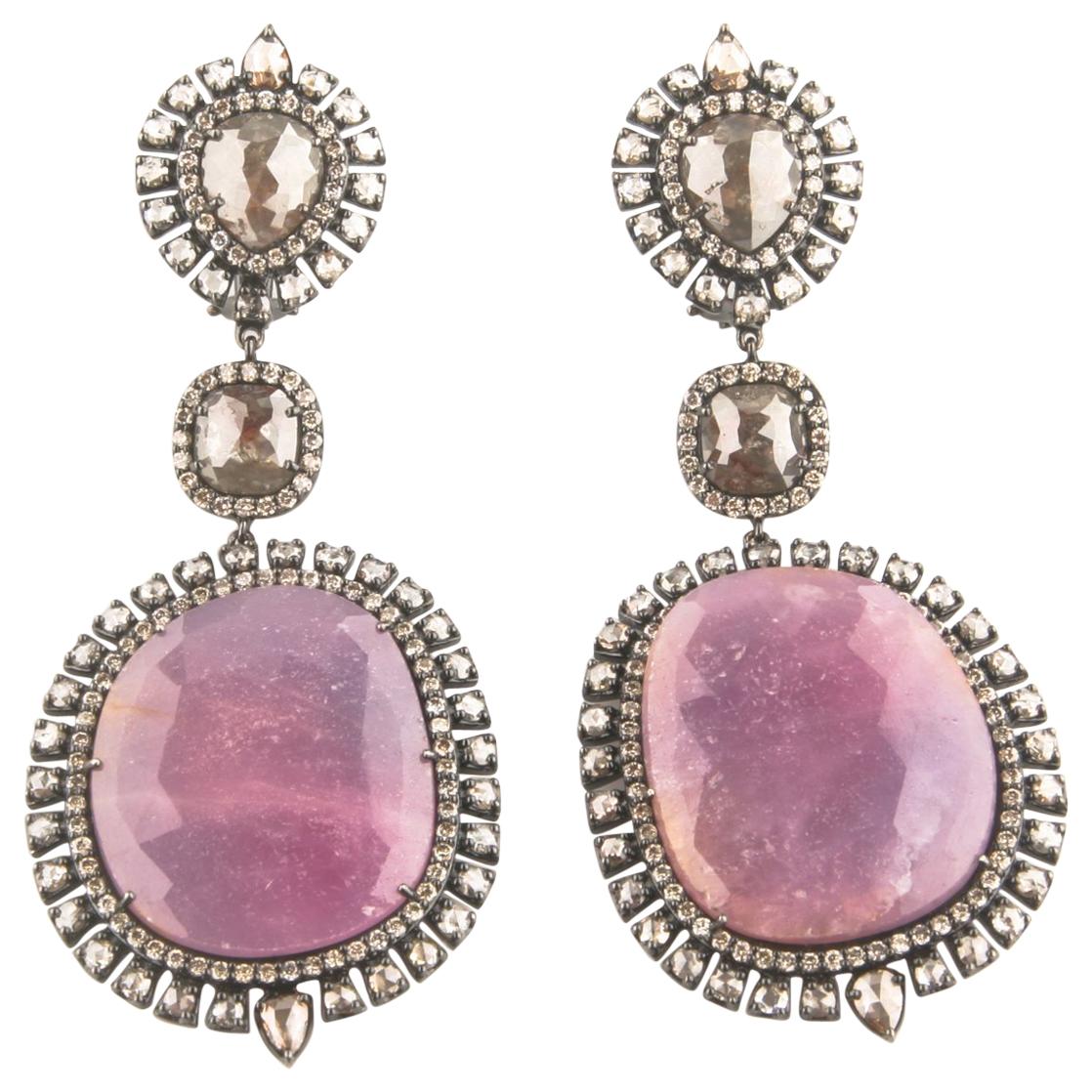 Gold Rhodium Oxidized Ruby with Single and Rose Cut Diamond Dangle Earrings For Sale