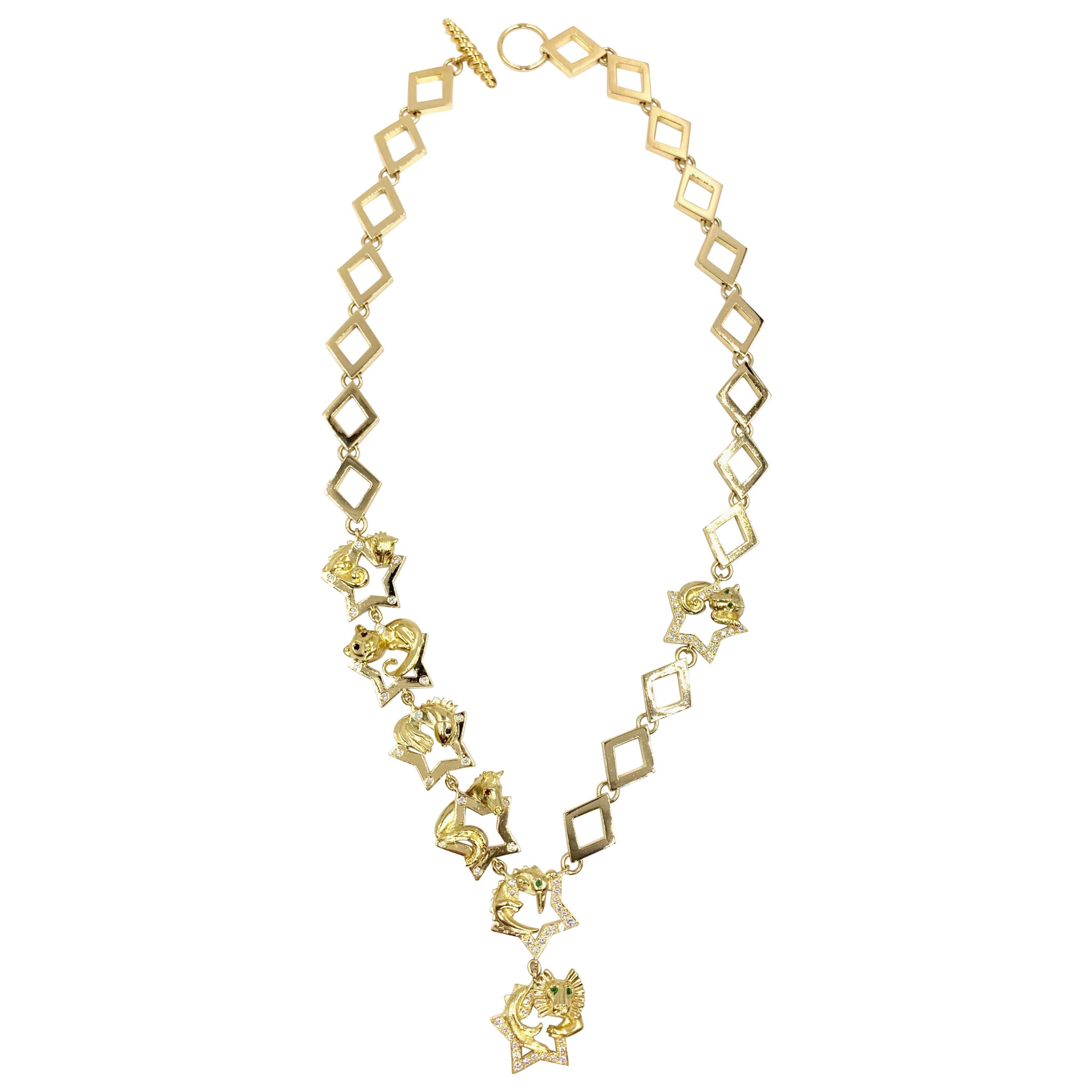 18 Karat Charles Turi Animal Star Necklace with Diamonds and Gemstones