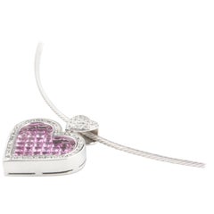 Diamond and Pink Sapphire Heart White Gold Pendant with Wire Chain