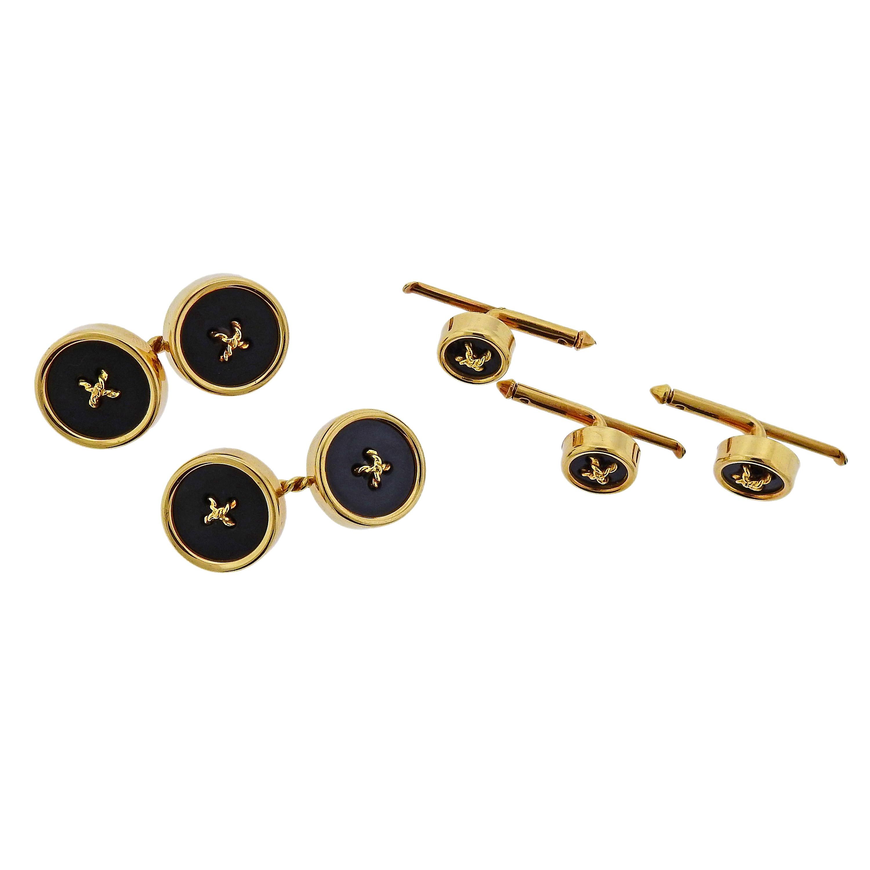 Tiffany & Co. Onyx Gold Button Cufflinks Studs Set