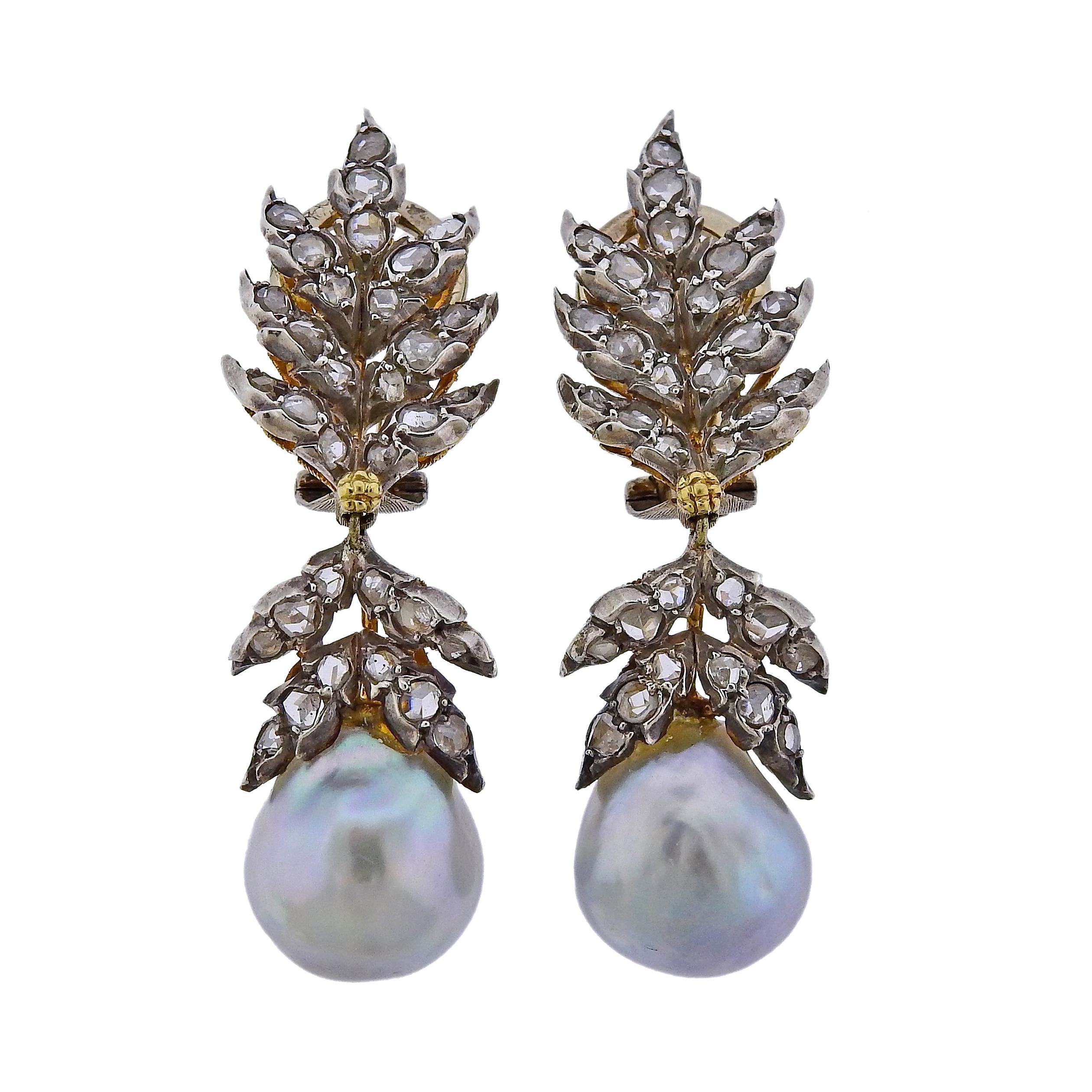 Buccellati Rose Cut Diamond Pearl Gold Silver Earrings
