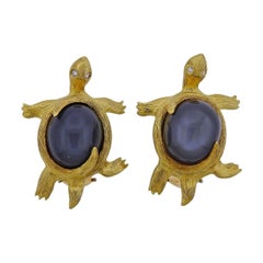 Henry Dunay Grey Moonstone Diamond Gold Platinum Turtle Earrings