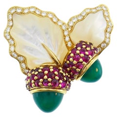 Dior Yellow Gold Acorn Pin Brooch Clip Pendant Chrysoprase Rubelite Diamond MOP